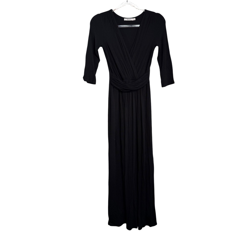 Bailey 44 Black Faux Wrap Maxi Dress 3/4 Sleeve Jersey Knit XS USA Made